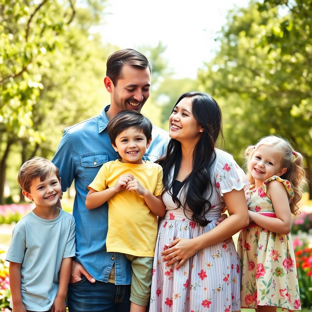 A warm and joyful family portrait featuring a dad, a mom, one son, and two daughters