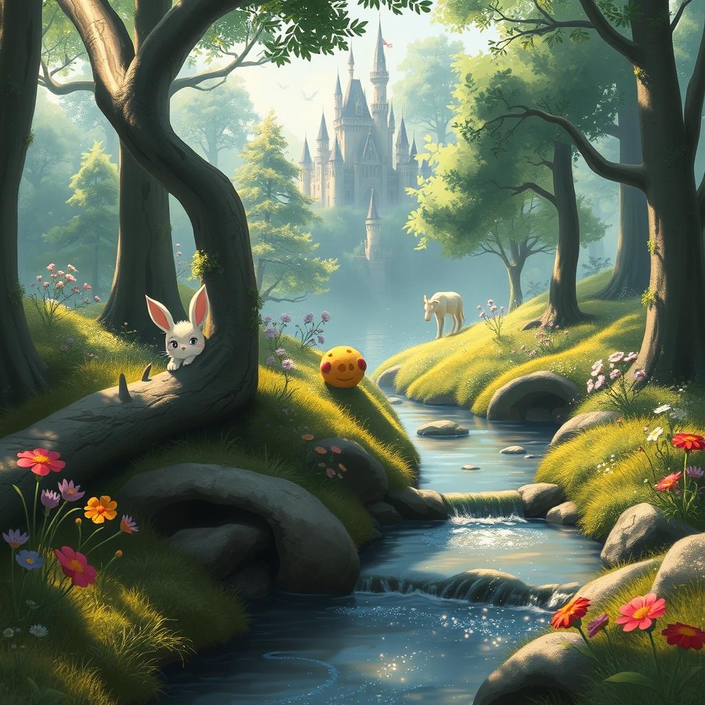 A serene, magical forest scene inspired by Studio Ghibli, filled with lush greenery, whimsical trees, and vibrant flowers