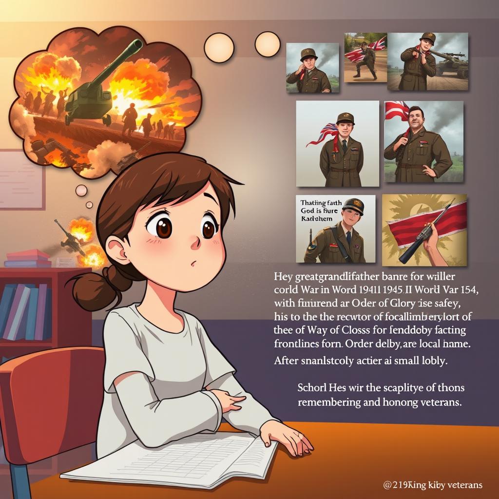 An animated scene depicting a 15-year-old girl with an imaginative expression, sitting at her school desk, daydreaming about a time travel experience to World War II (1941-1945)