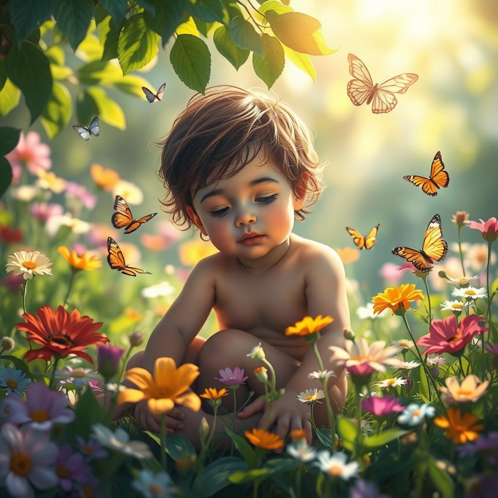 A serene and magical scene depicting a wounded inner child sitting in a beautiful garden filled with vibrant, heavenly flowers of various colors and delicate butterflies fluttering around