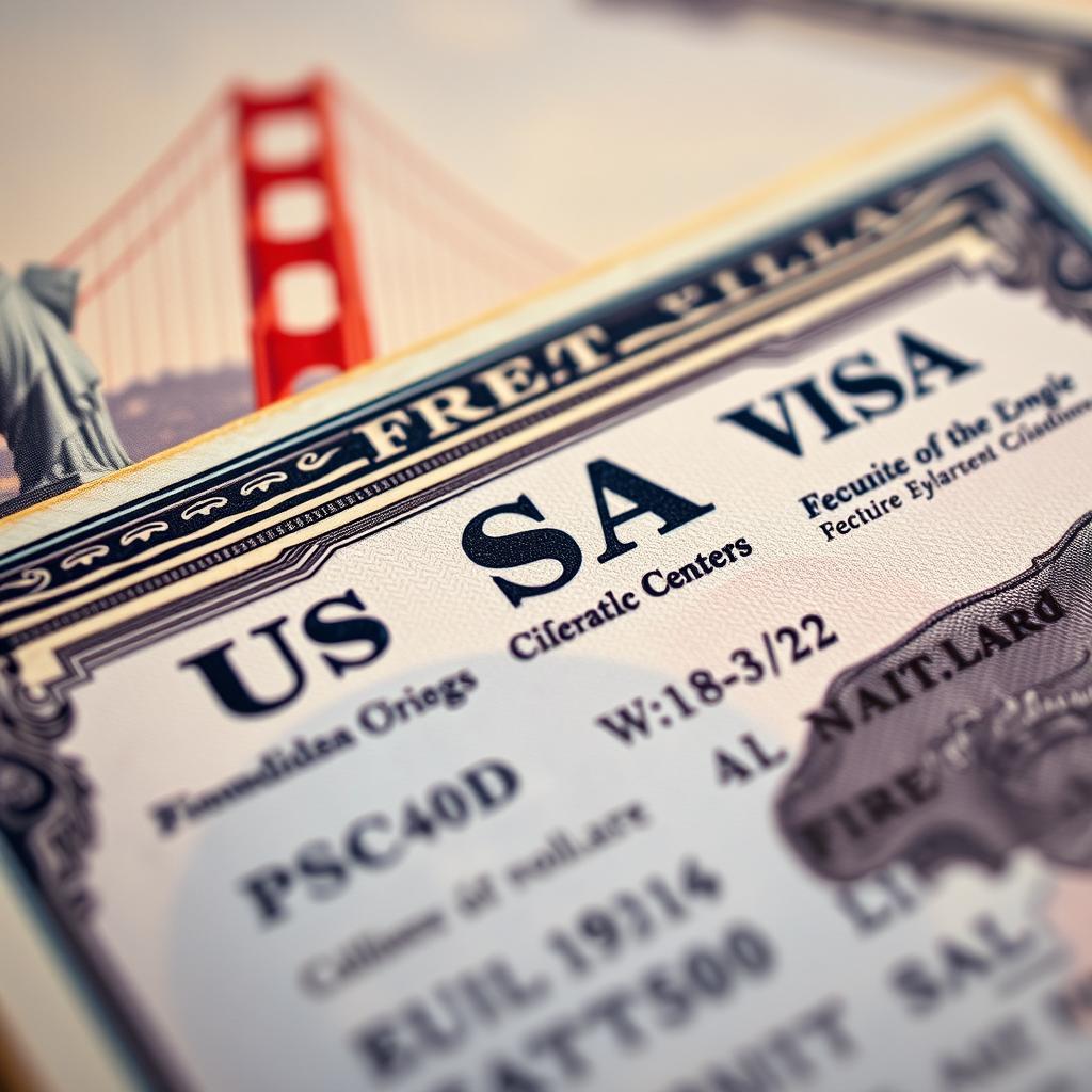 A close-up shot of a vintage US visa, showcasing intricate details like the ornate borders, holographic elements, and security features