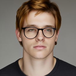 A young man with honey-colored hair and green eyes, wearing glasses. His hair is of medium length.