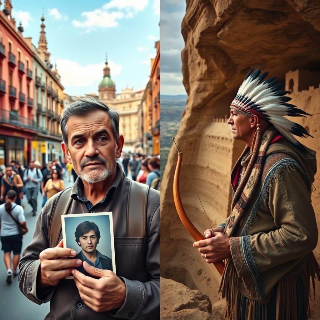 Two men depicted in a scenic and dramatic scene, intensively searching for their abducted sons