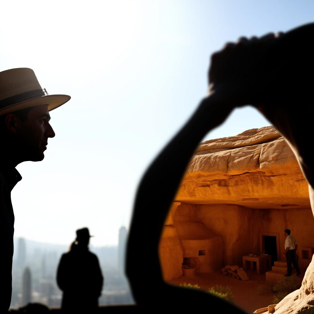 Silhouettes of two men searching for their abducted sons under a bright daytime sky
