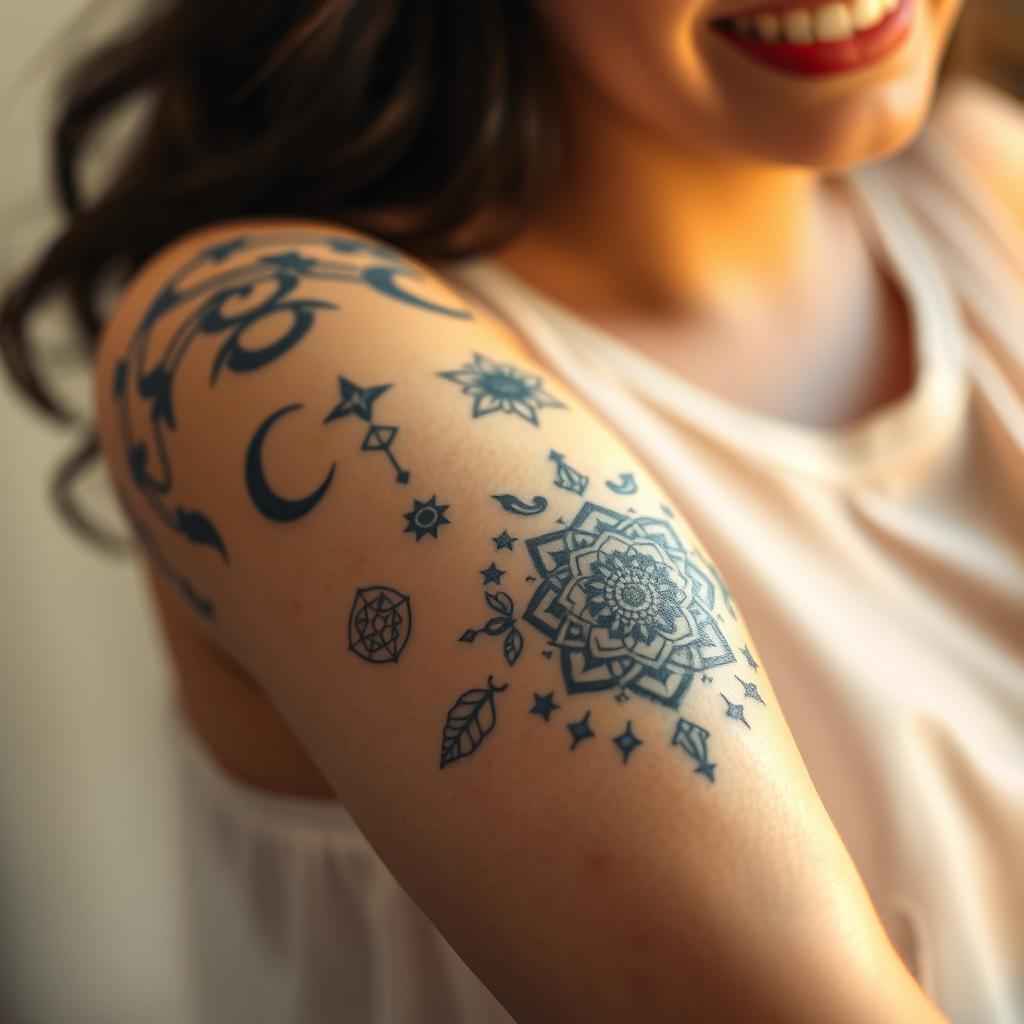 A positive and uplifting scene featuring a close-up of a human arm adorned with intricate tattoos that embody spiritual and witchcraft themes