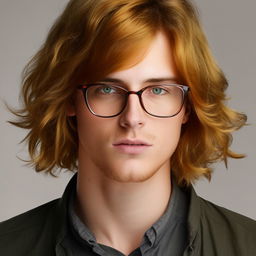 A young man with honey-colored hair and green eyes, wearing glasses. His hair is of medium length.