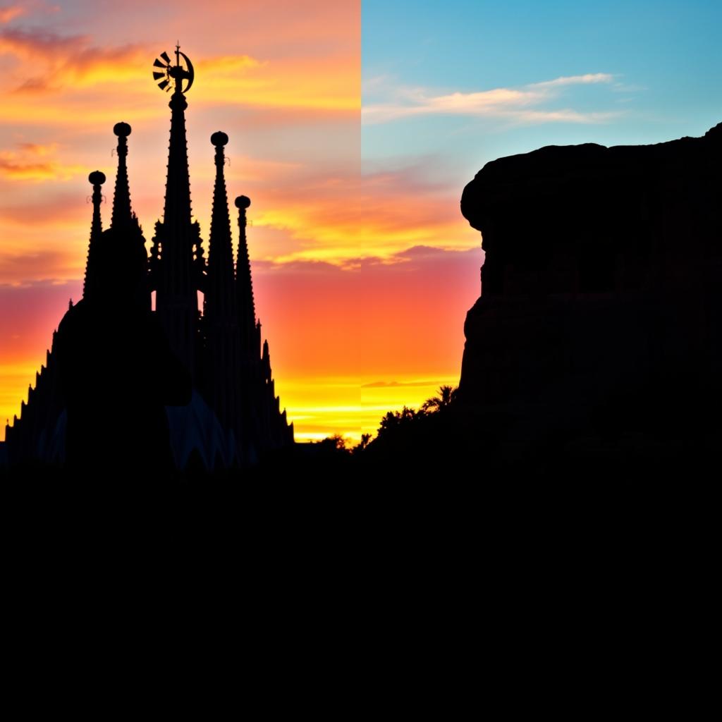Silhouettes of two men positioned in contrasting yet harmonious landscapes