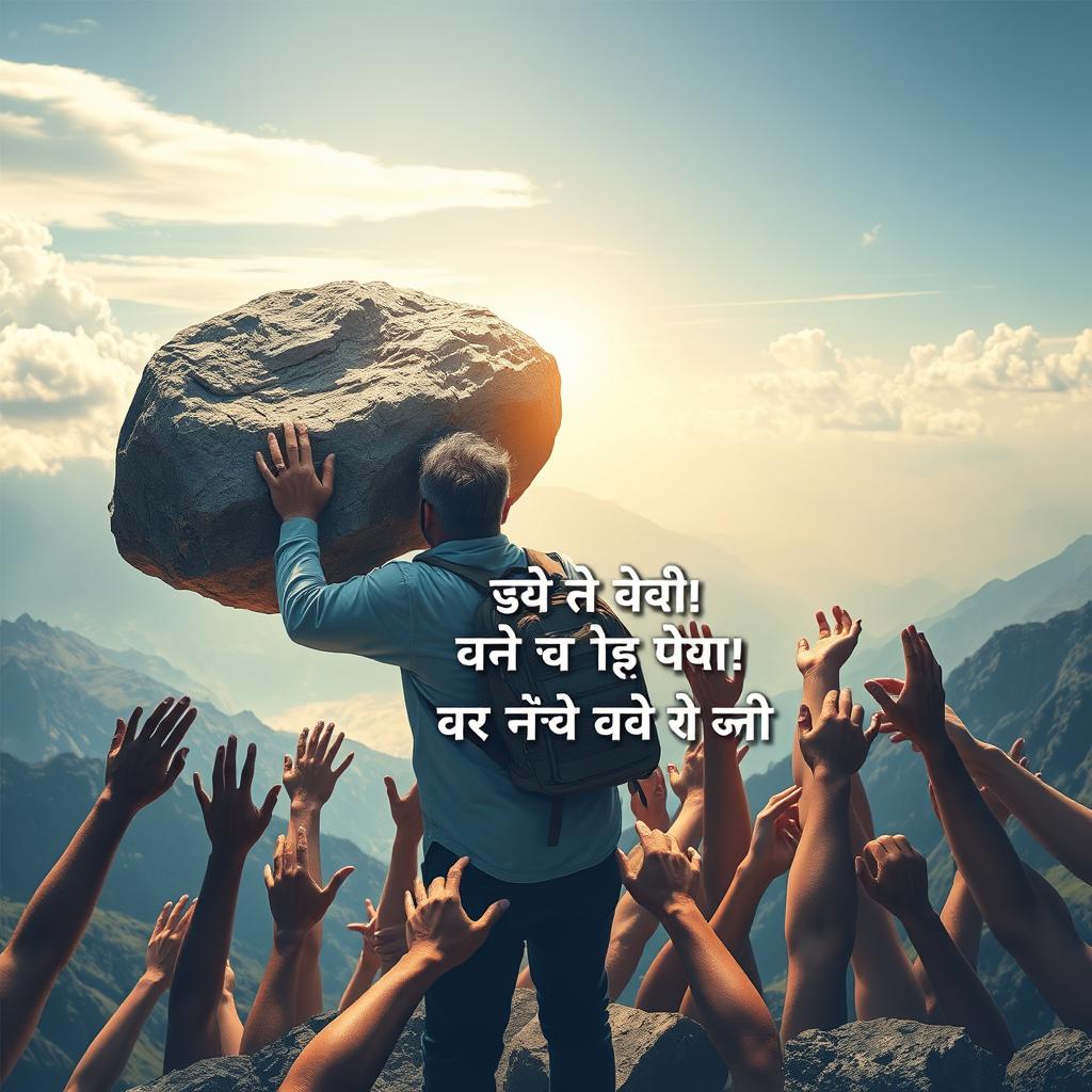 A powerful scene depicting a man carrying a heavy rock on his back as he crosses mountains and seas