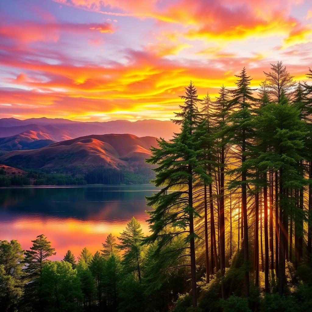 A seamless fusion of two captivating images: the first image features a stunning landscape with rolling hills under a vivid sunset sky, painted in warm orange and purple hues that reflect off a serene lake