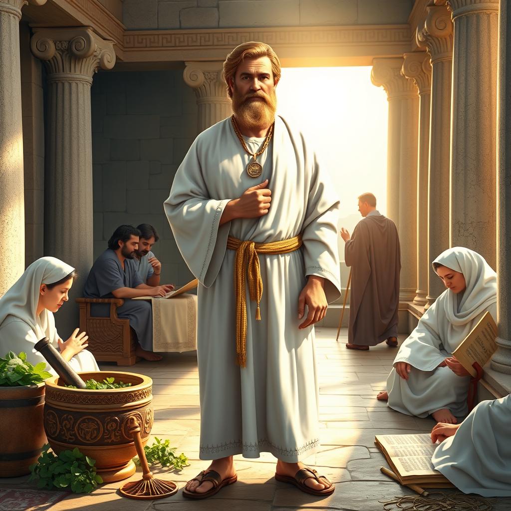 A vibrant representation of the Hippocratic approach to medicine, showcasing an ancient Greek physician in a classic medical robe, honoring the Hippocratic Oath while standing in a beautifully rendered ancient Greek setting