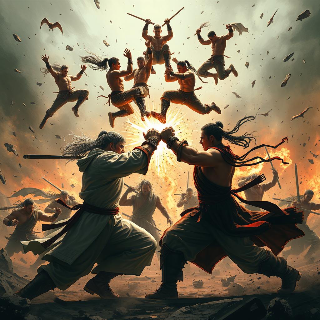 A dramatic and intense battleground scene depicting a powerful group of warriors engaged in a fierce conflict, showcasing the chaos and destruction around them