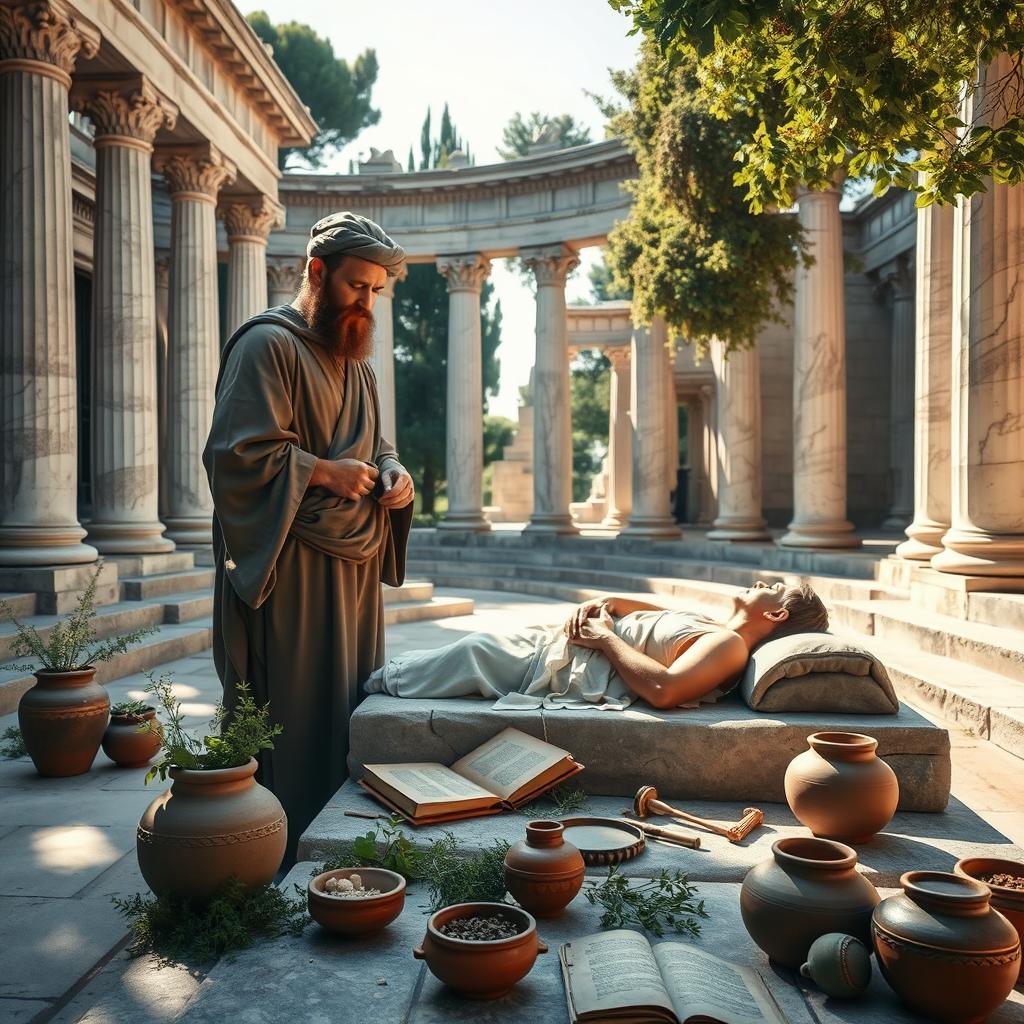 An ancient healthcare scene inspired by Hippocrates, showcasing a Greek physician dressed in traditional robes, surrounded by medical scrolls and herbal remedies