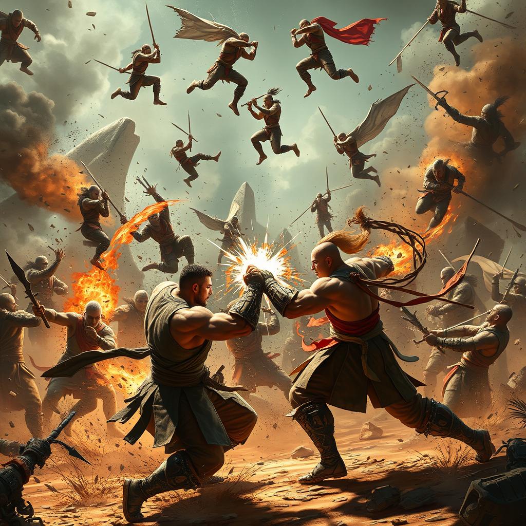 An epic and chaotic battleground scene filled with destruction and powerful warriors locked in combat