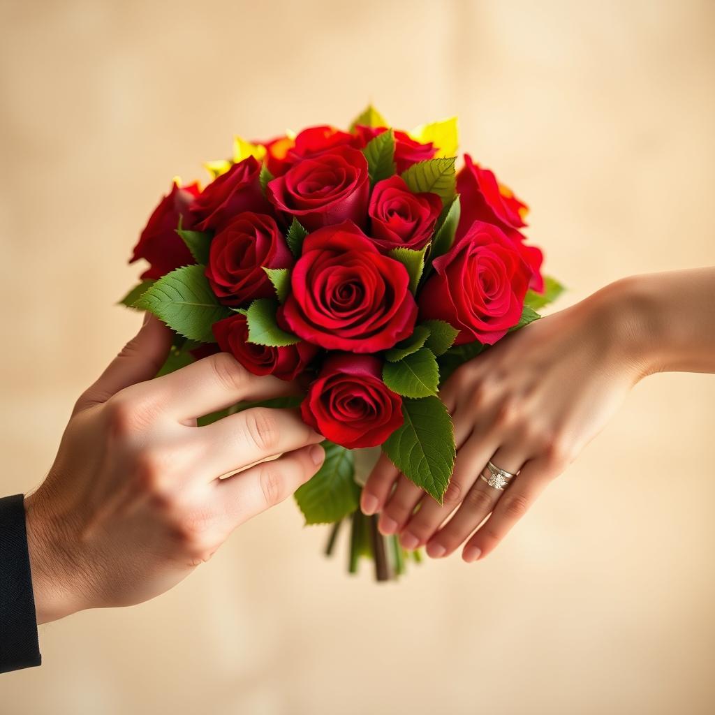 Two hands facing each other, one masculine and one feminine, both adorned with elegant wedding rings