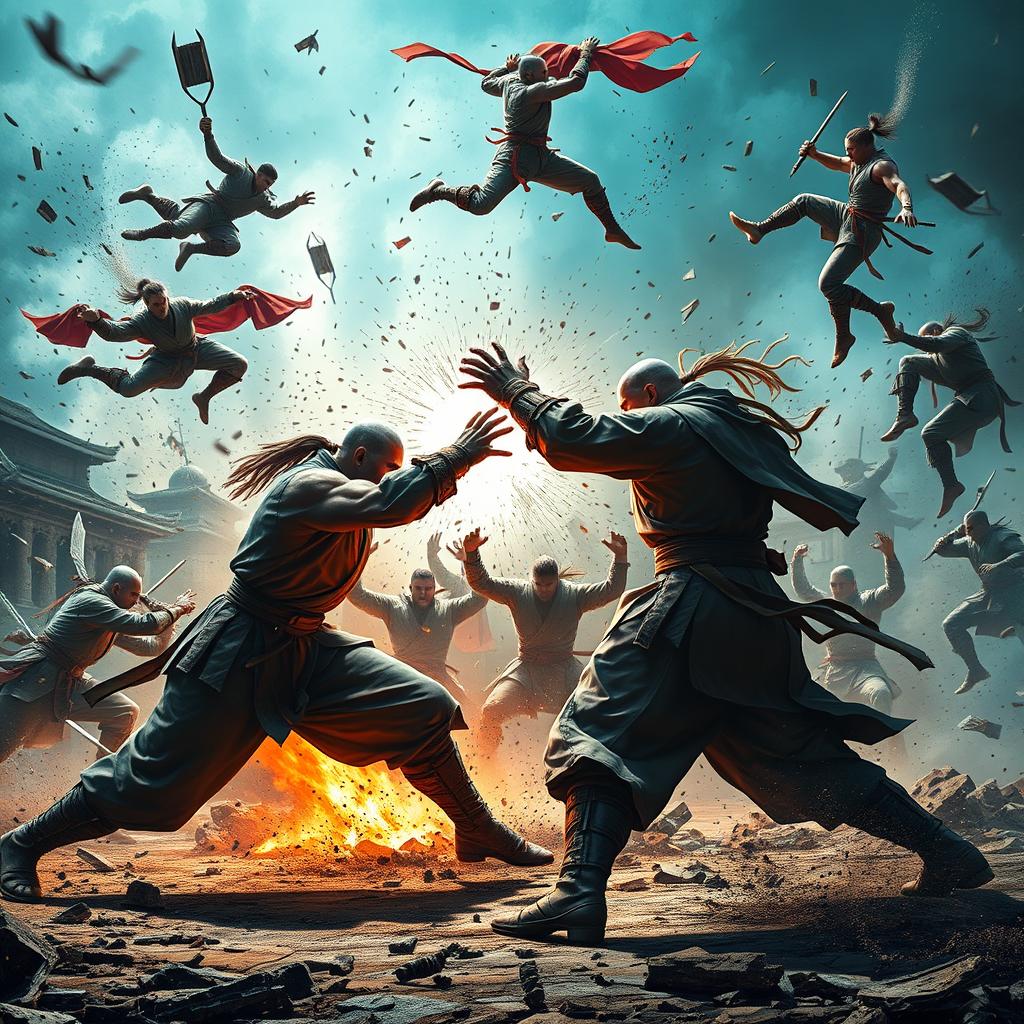 An exhilarating and chaotic battleground scene filled with fierce warriors engaged in a spectacular fight, showcasing destruction and intensity all around