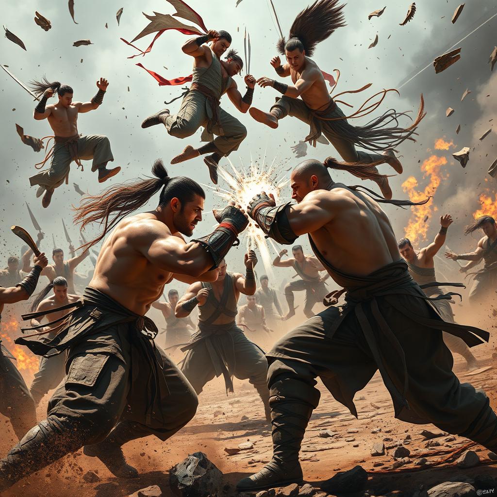 An intense and chaotic battleground scene showcasing a powerful group of warriors engaged in an exhilarating fight, with significant destruction all around