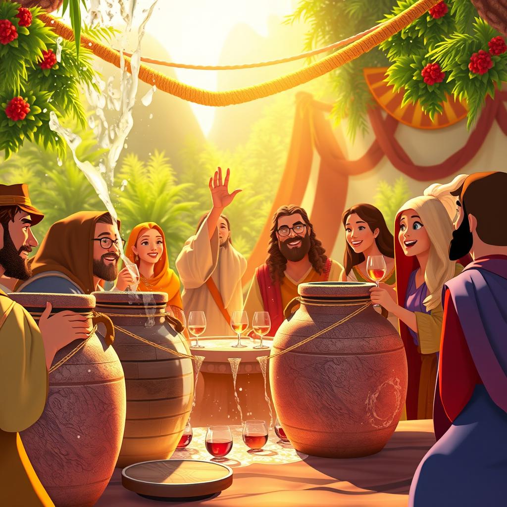 An artistically animated depiction of the biblical miracle at Cana where Jesus turns water into wine