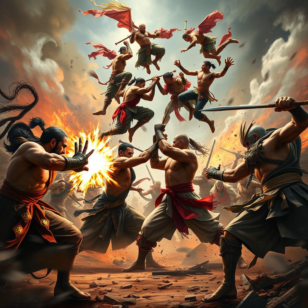 An intense and vibrant battleground scene showcasing a powerful group of warriors from different cultures, each displaying their unique fighting styles as they engage in a fierce conflict