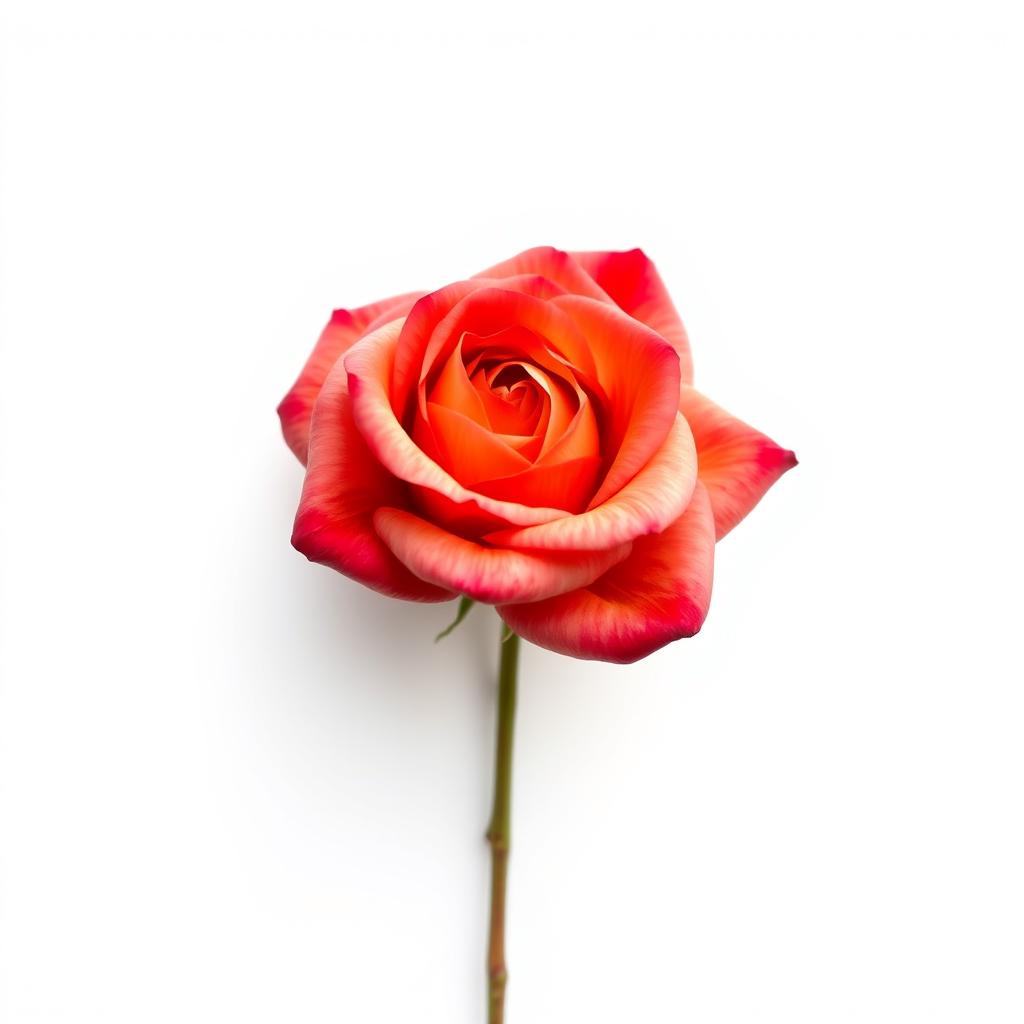 A beautiful, realistic rose placed against a pure white background, highlighting its delicate petals and vibrant colors