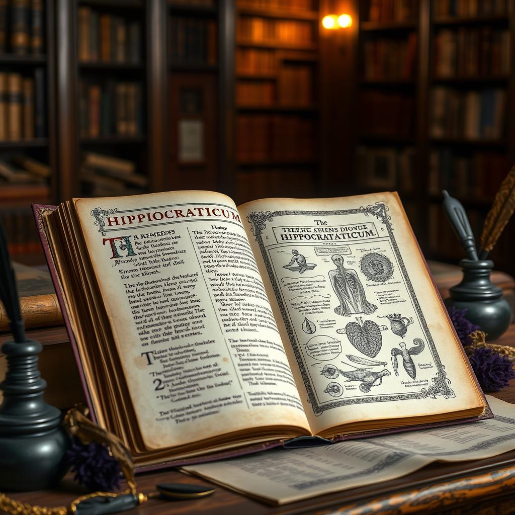 An ancient, beautifully illustrated book titled 'Hippocraticum', open to a page filled with detailed, ornate calligraphy and intricate medical illustrations of herbal remedies, anatomical sketches, and philosophical meditations on medicine