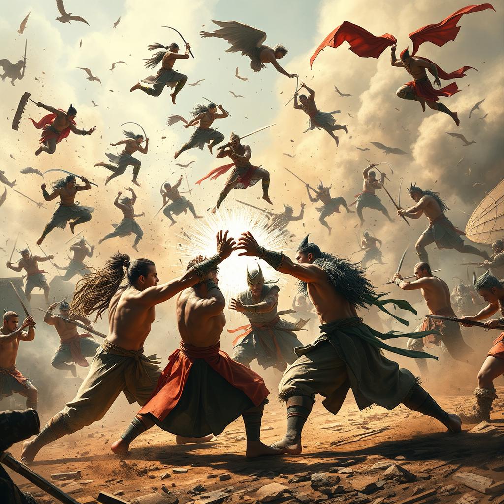 An epic battleground scene showcasing a powerful and diverse group of warriors from various cultures engaged in an intense fight, surrounded by chaos and destruction