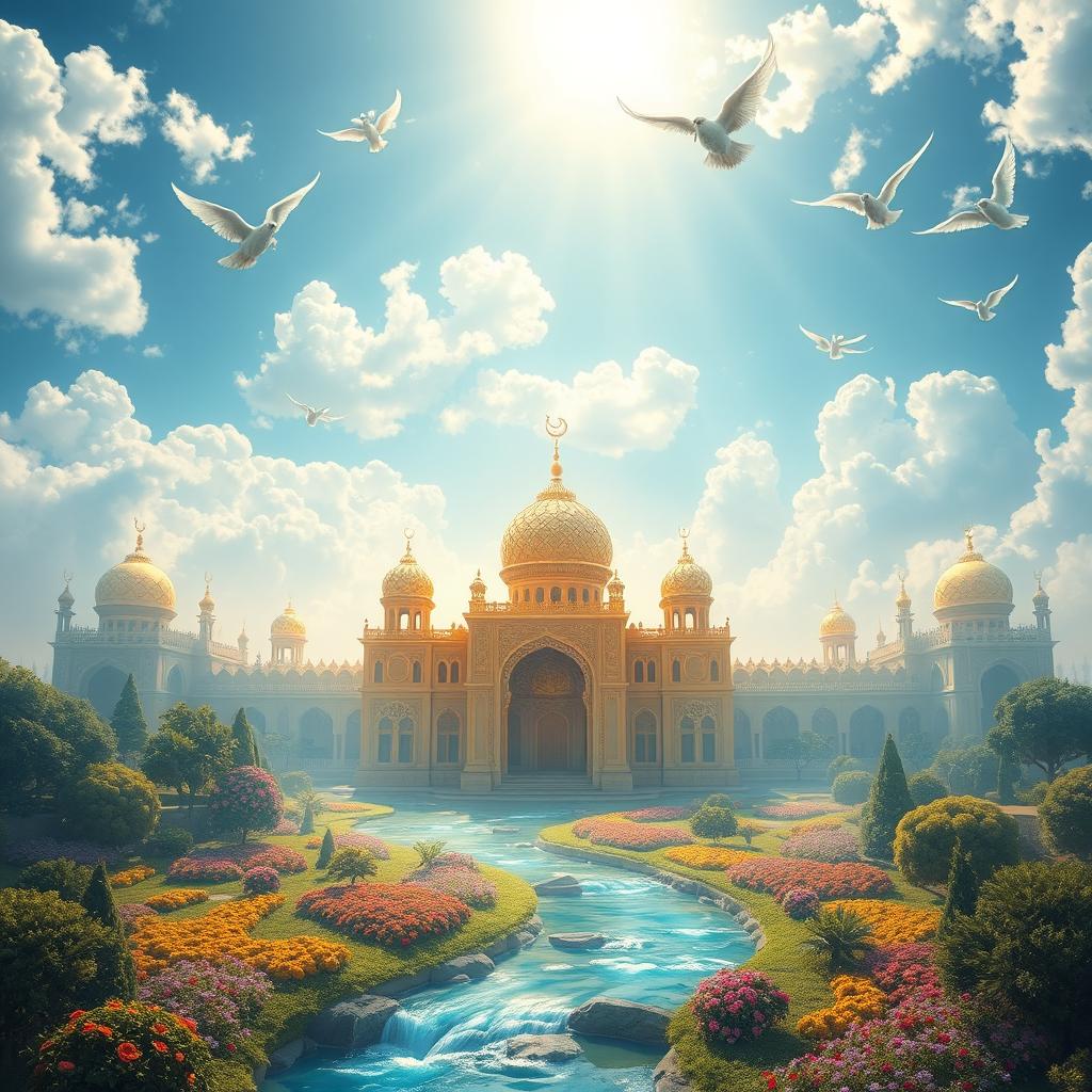 A stunning visual representation of the palaces in Heaven as described in Islamic texts, showcasing their grandeur and beauty