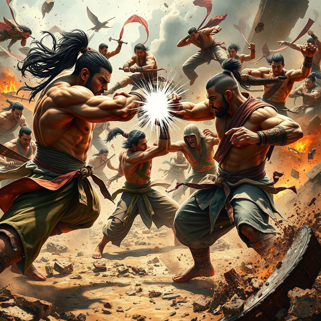 An intense and dramatic battleground scene depicting a powerful group of fighters from diverse cultures, locked in a fierce and chaotic conflict amidst great destruction