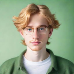 A young man with honey-colored hair and green eyes, wearing glasses. His hair is of medium length.