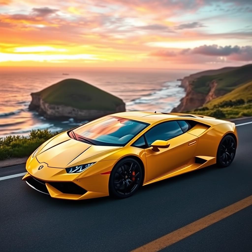 A stunning Lamborghini sports car parked on a picturesque coastal road during sunset