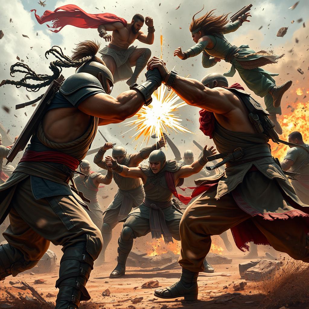 An intense battleground scene depicting a powerful and diverse group of fighters from various cultures, clad in tactical clothing, engaged in a fierce and chaotic conflict