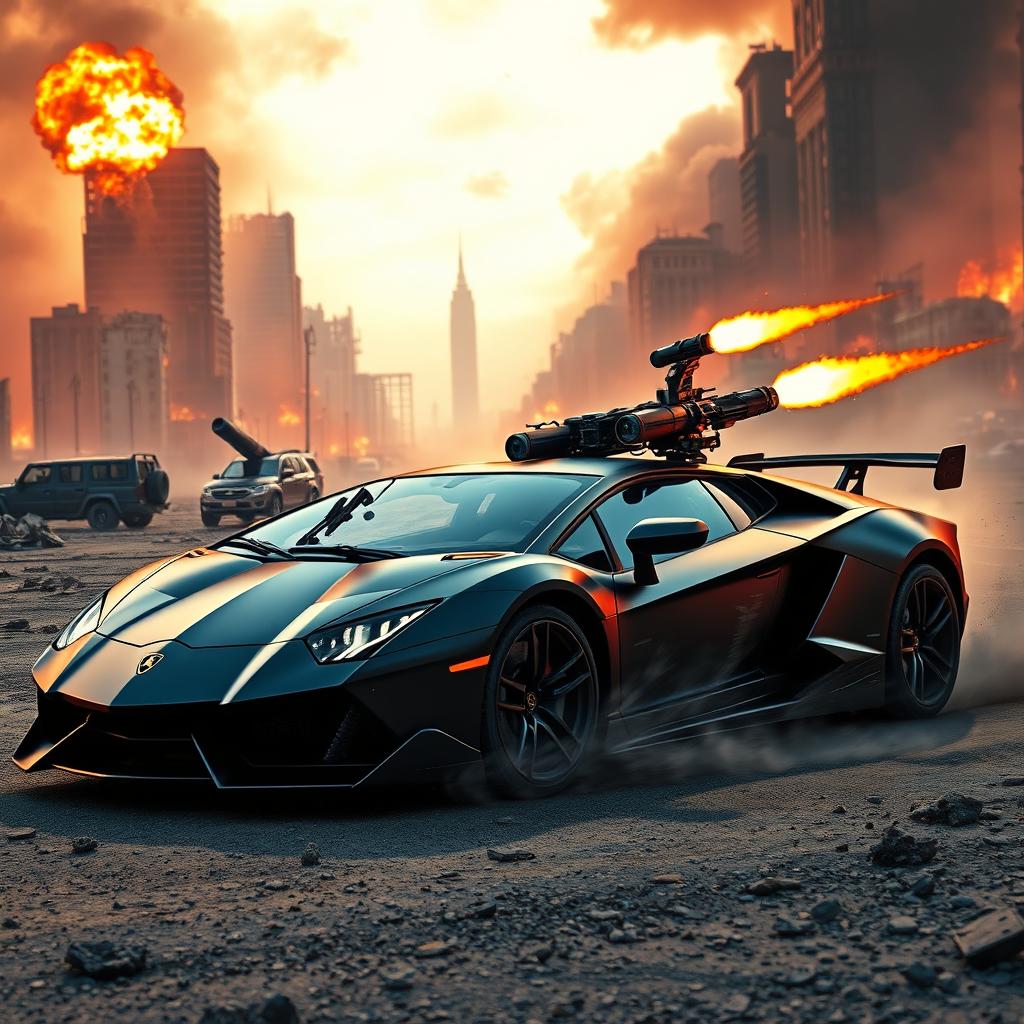 A Lamborghini adorned with flamethrowers and missiles, racing through a desolate, post-apocalyptic landscape