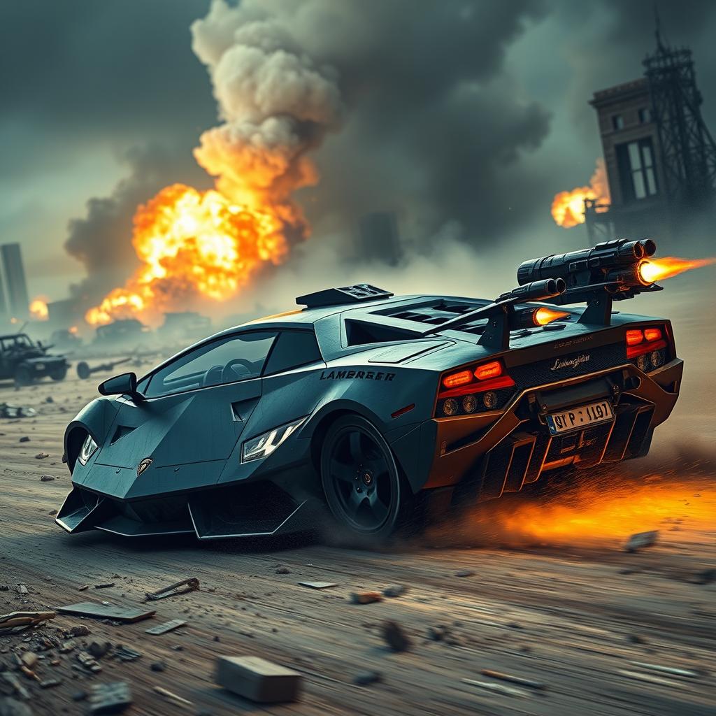 A Lamborghini equipped with flamethrowers and missiles, racing through a chaotic post-apocalyptic landscape