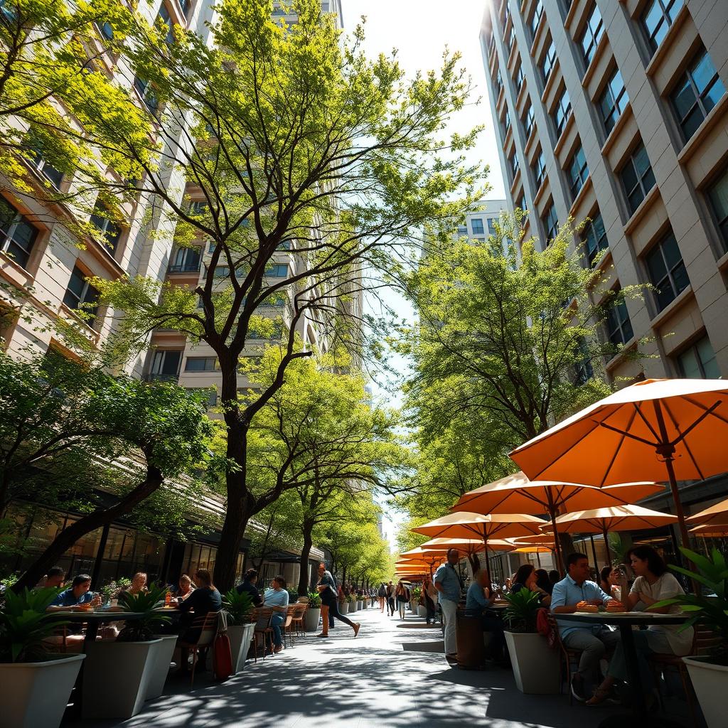 A vibrant and dynamic scene featuring an outdoor café in a bustling city