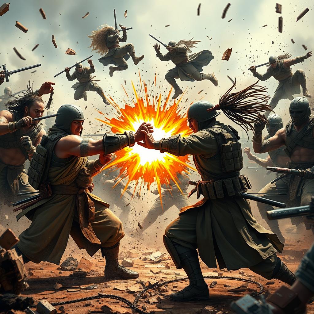 An intense battleground scene depicting a powerful and diverse group of fighters from various cultures, all wearing tactical clothing and engaged in a fierce and chaotic conflict that causes great destruction