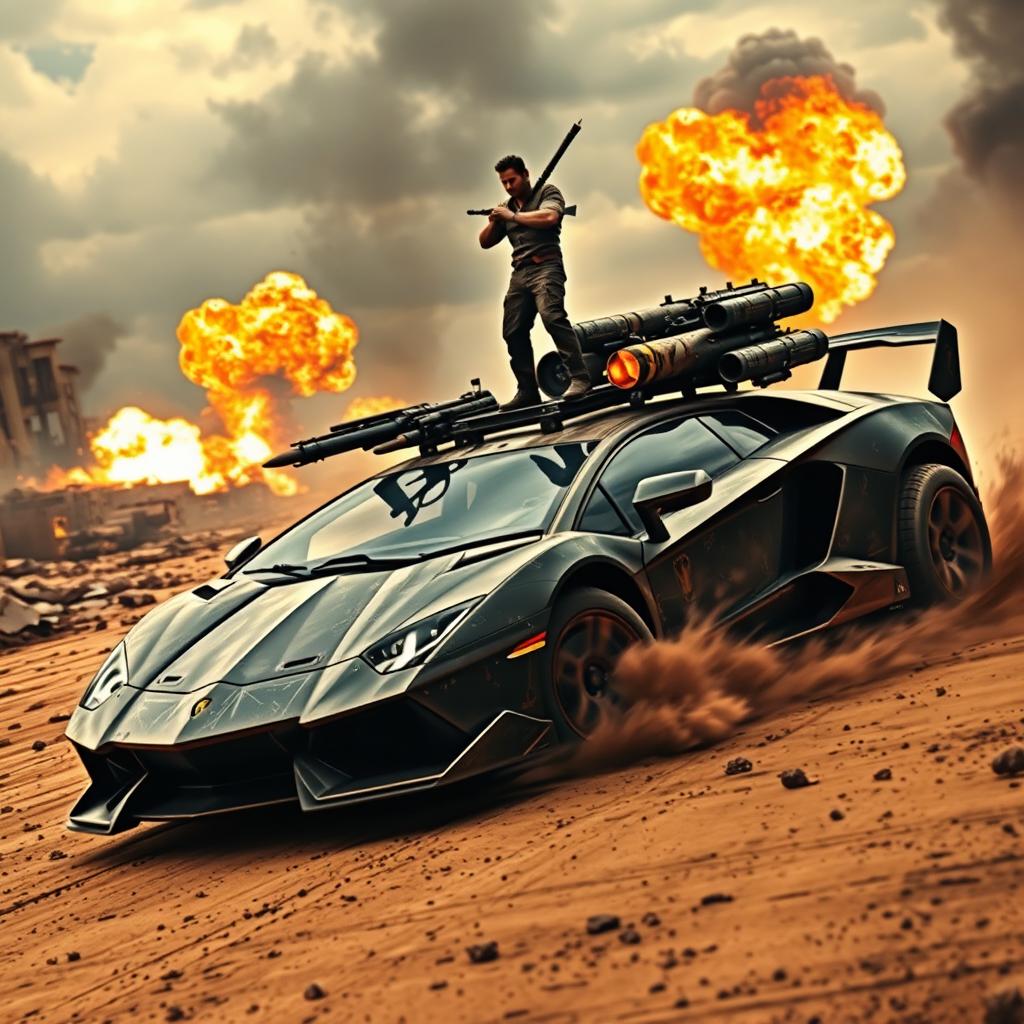 A Lamborghini heavily modified with flamethrowers and missile launchers, navigating through a post-apocalyptic wasteland