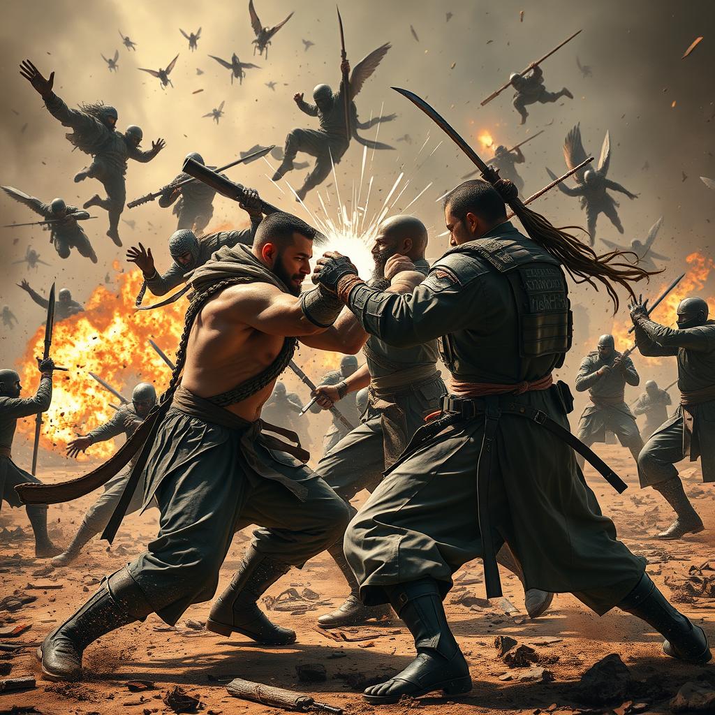 A dramatic battleground scene showcasing a powerful group of fighters from various cultures, all clad in tactical clothing, locked in a fierce and chaotic conflict that results in great destruction