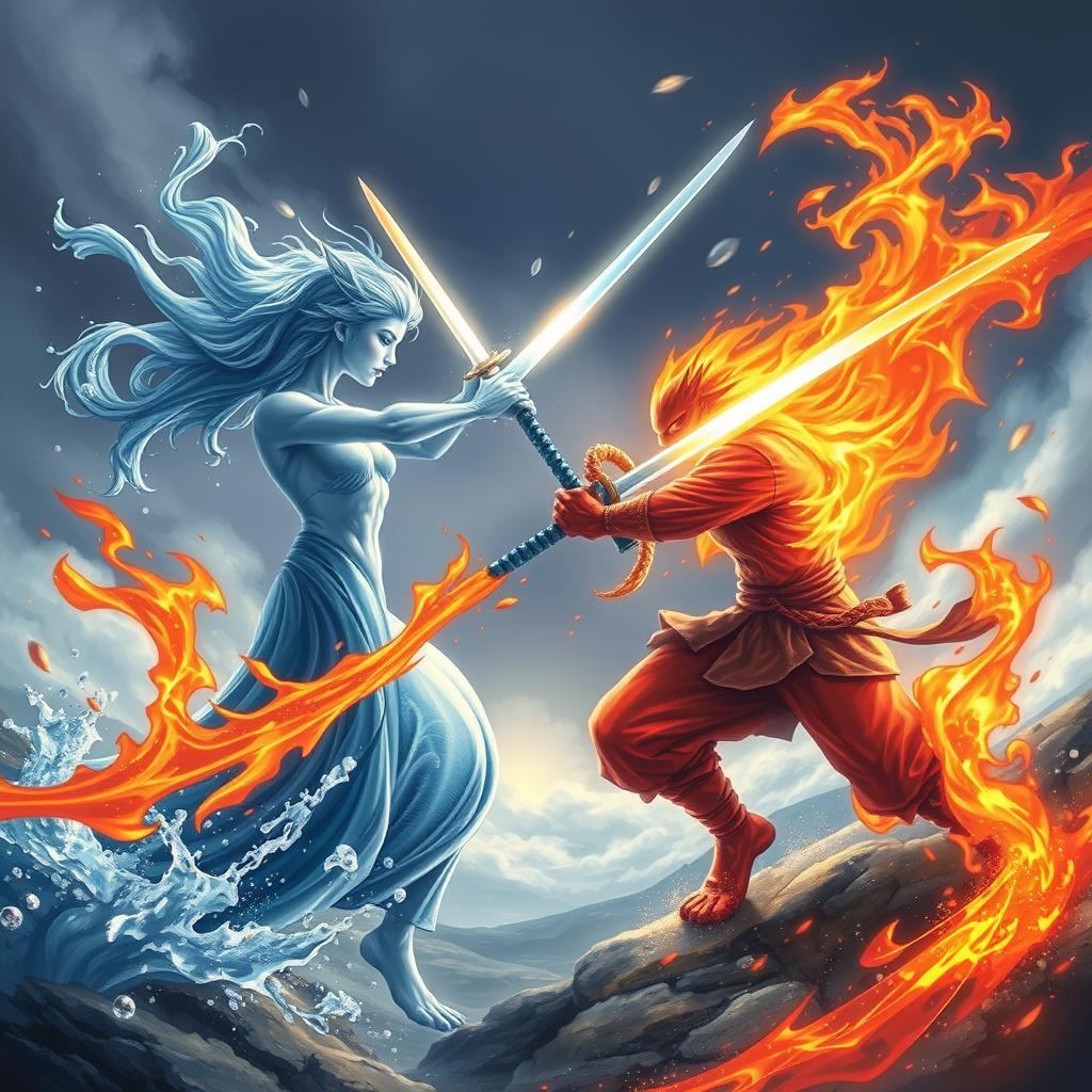 A dynamic battle scene featuring a water elemental fighting a fire elemental, both wielding shimmering katana swords