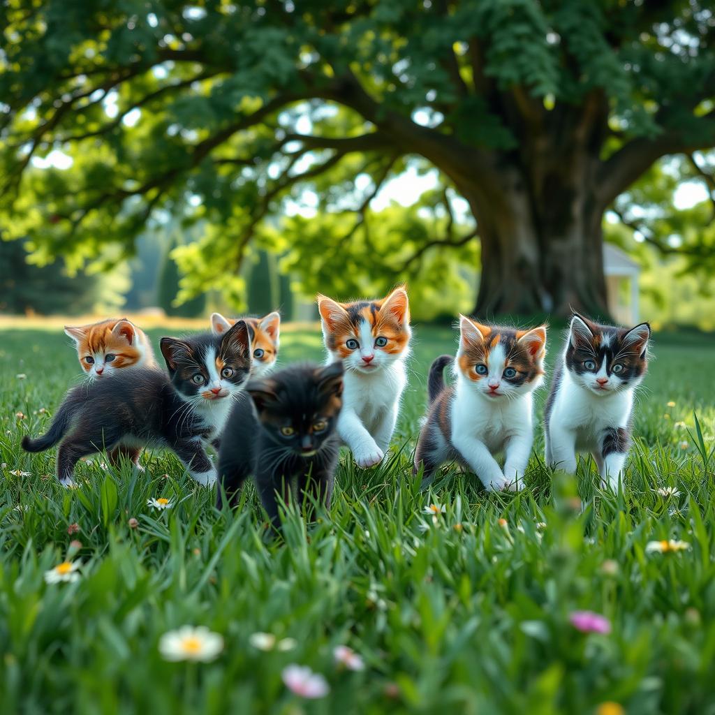 Five adorable kittens playing in a lush green field with a large, leafy tree in the background