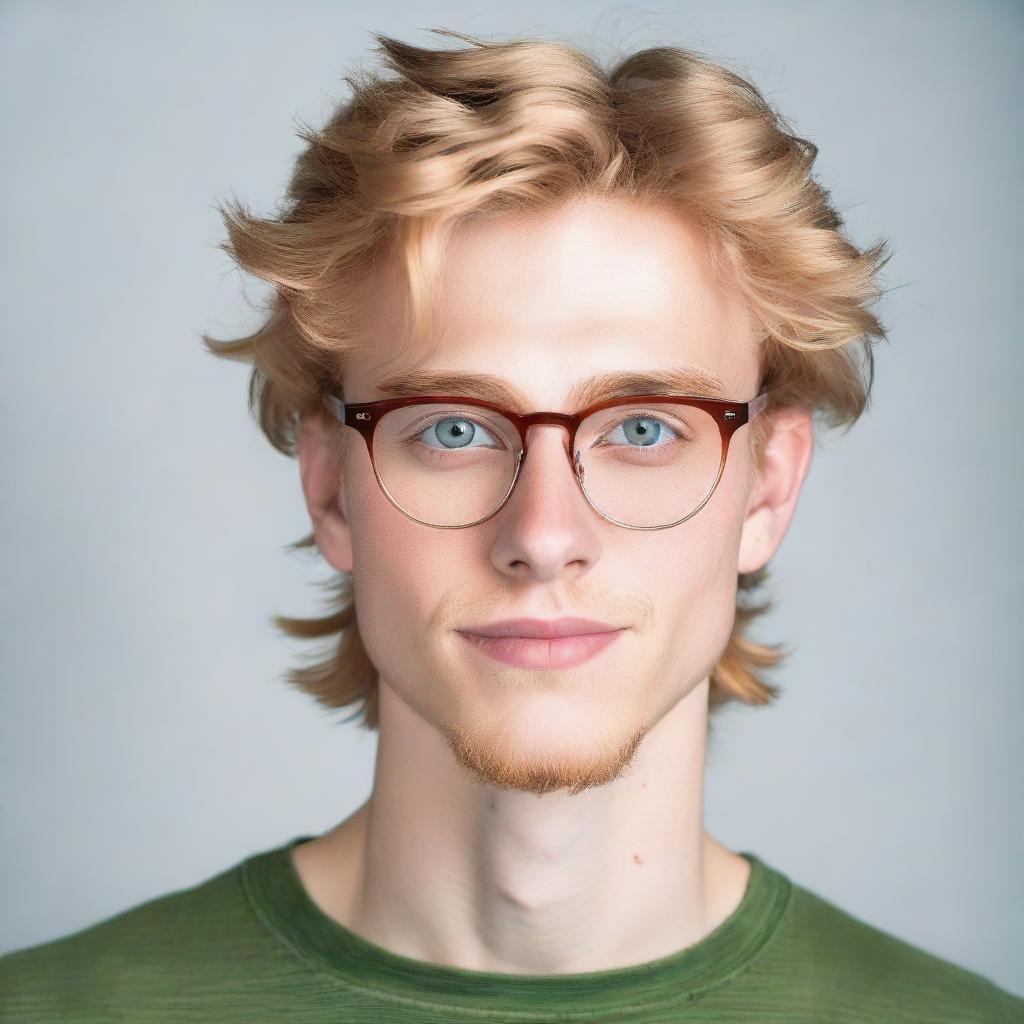 A young man with honey-colored hair and green eyes, wearing glasses. His hair is of medium length.