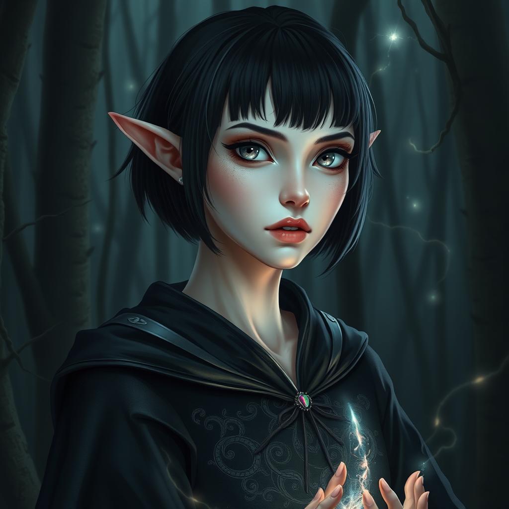 A detailed portrait of a female elf with striking pale skin that seems to glow softly in the dimmed forest surroundings