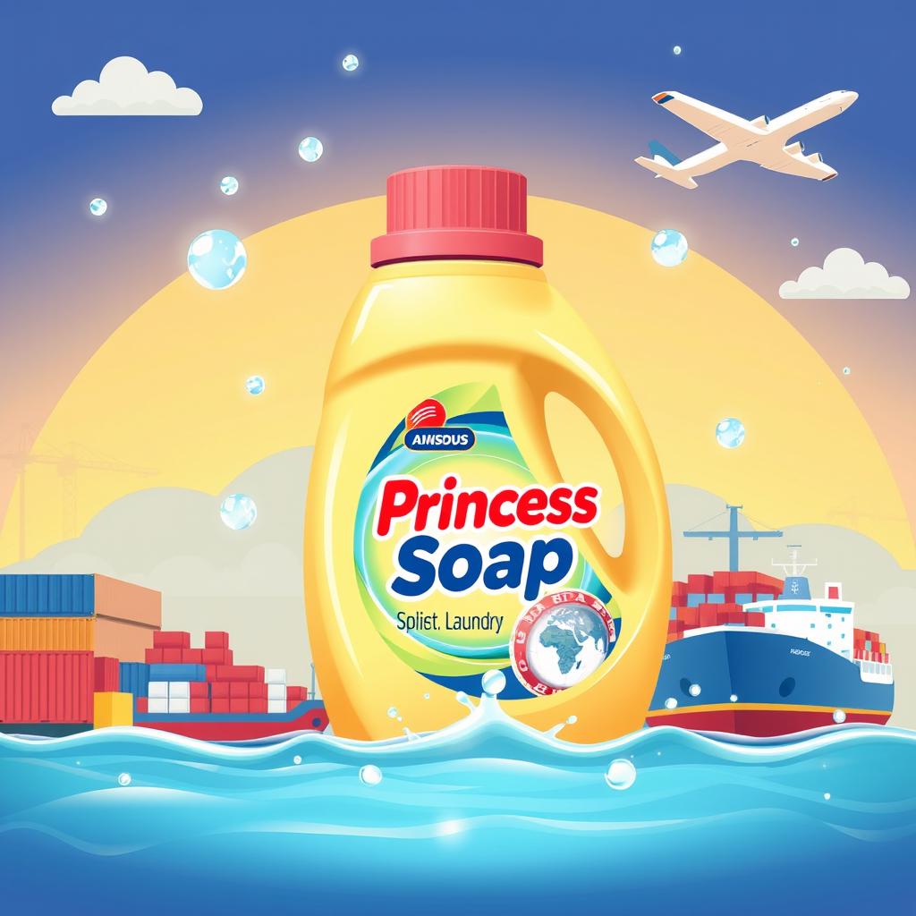 An illustrative depiction of a washing detergent named 'Princess Soap', featuring vibrant packaging that highlights its unique properties for laundry