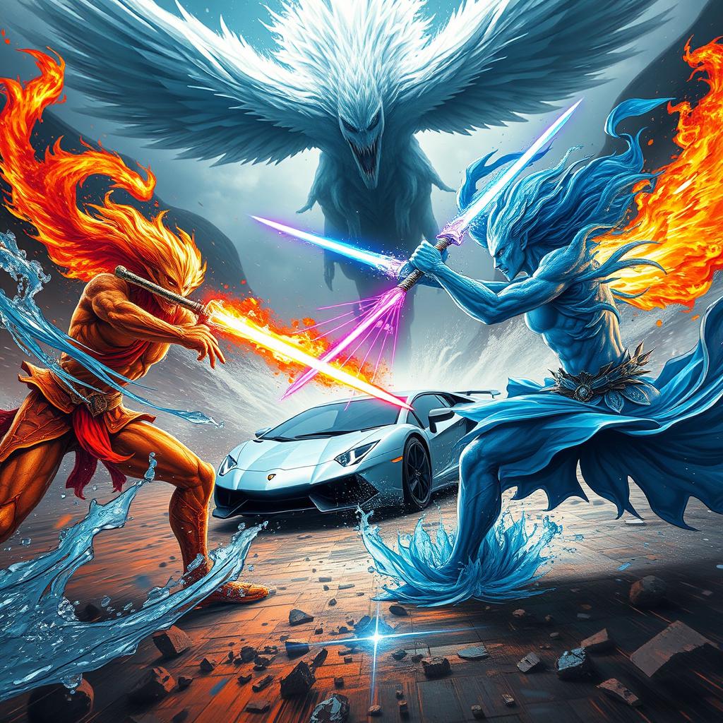 An epic battle scene featuring a water elemental fighting a fire elemental, both wielding glowing katana swords and shooting laser beams