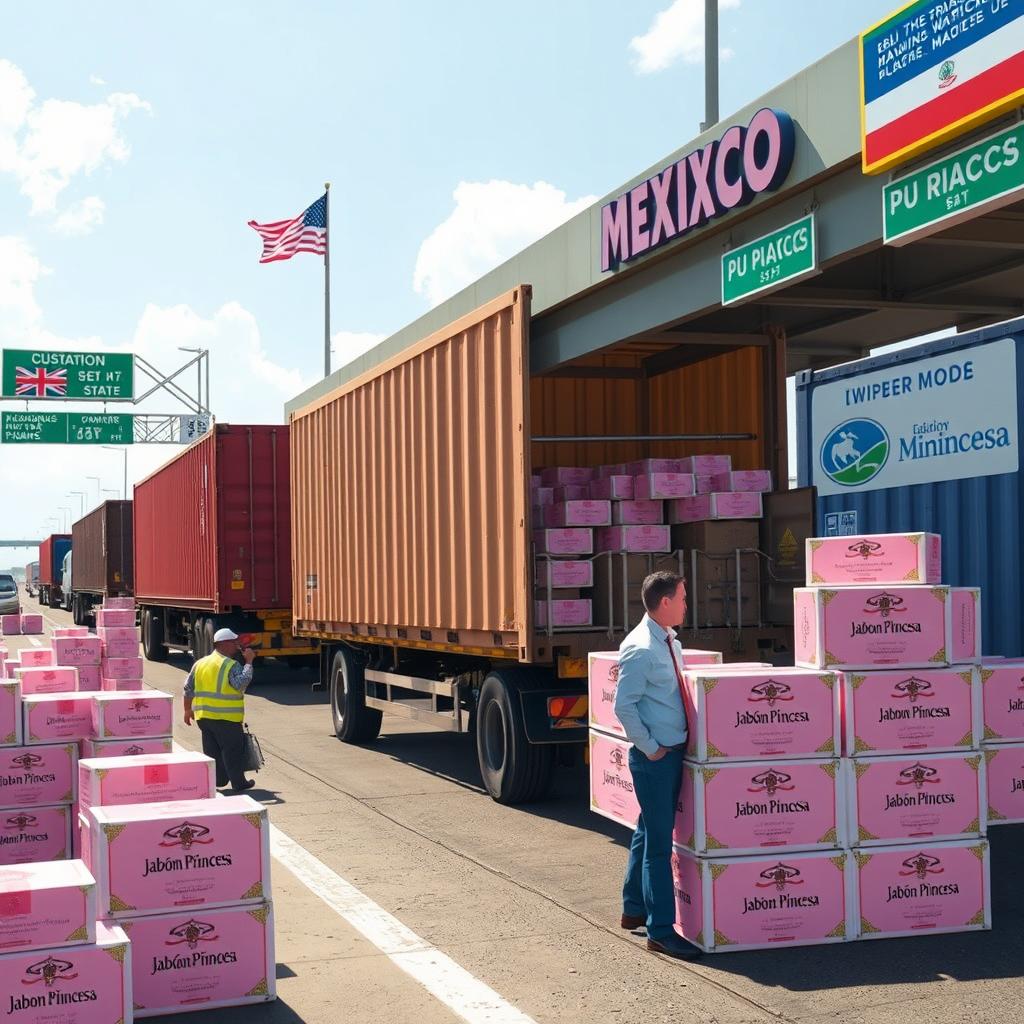 A vibrant scene depicting the export traffic of artisanal soaps with elegant pink packaging at the border between Mexico and the United States