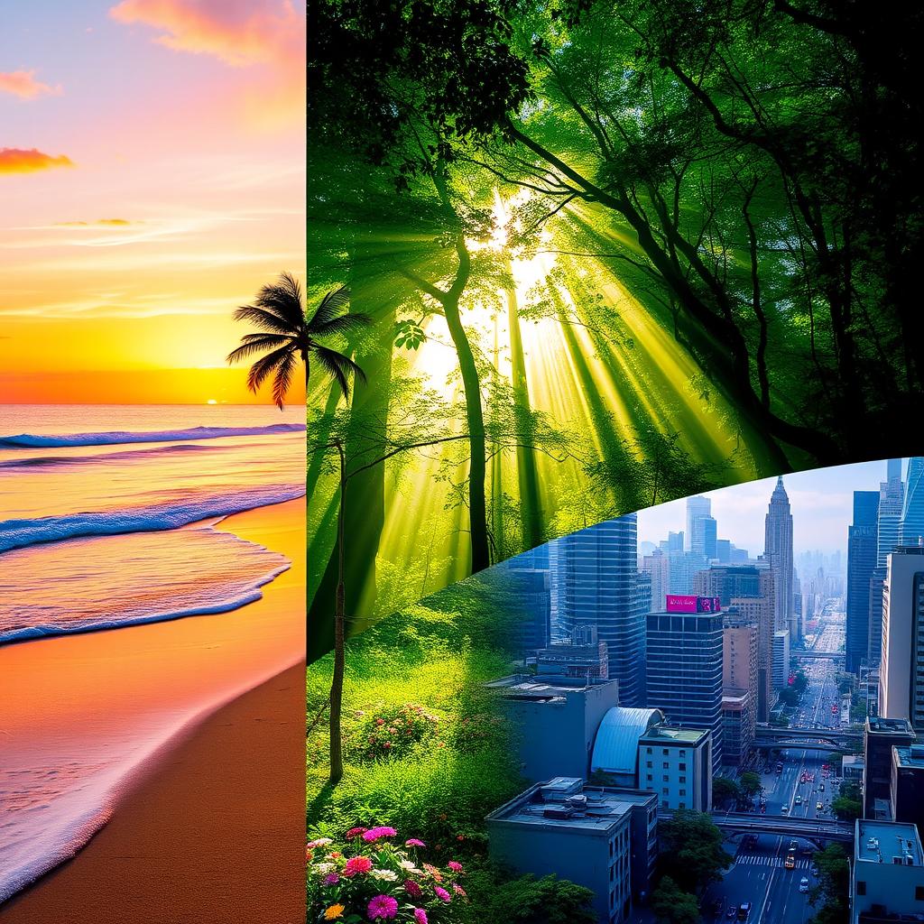 A beautiful, vibrant collage artwork that creatively combines three distinct images