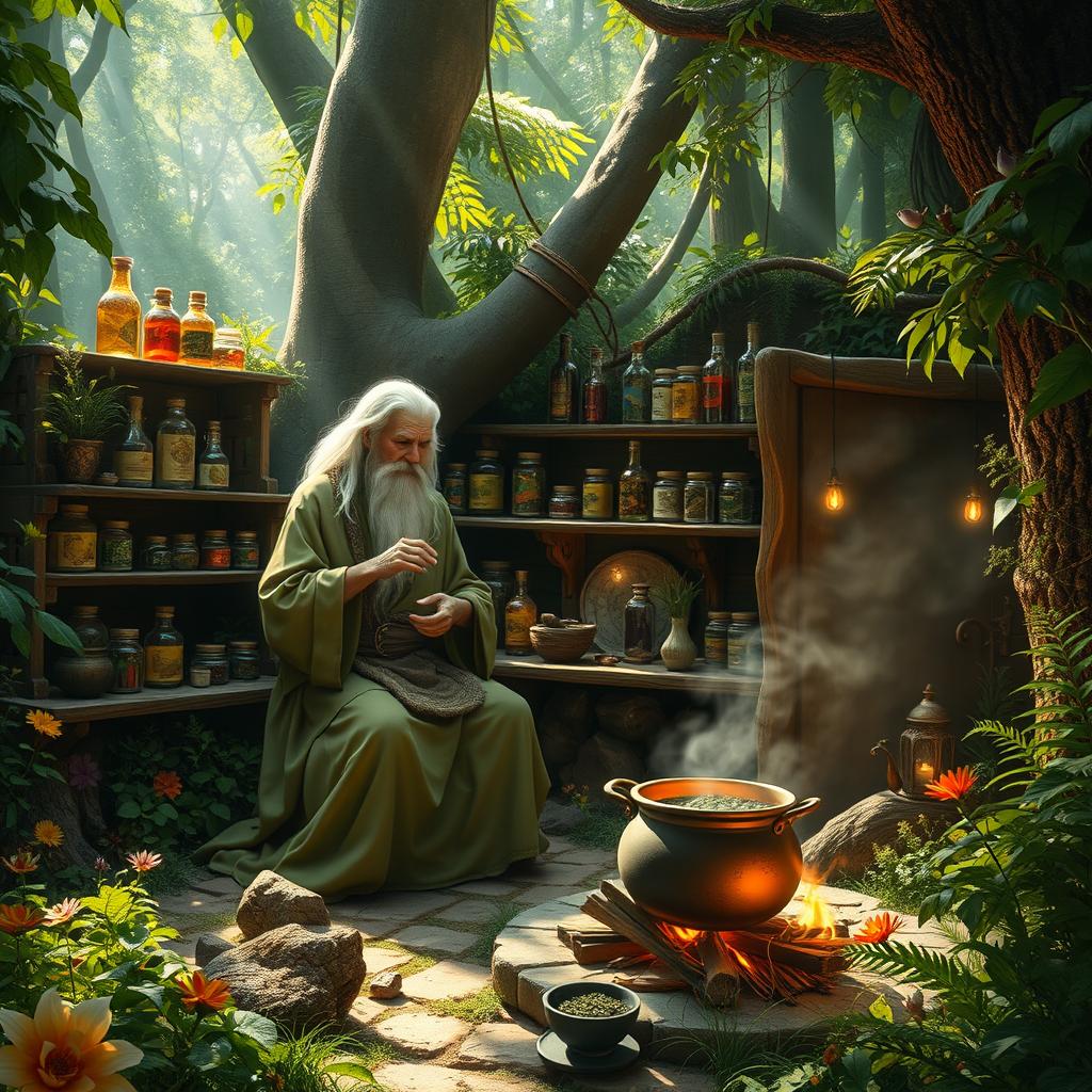 An ancient treatment scene in a mystical forest, featuring a wise, elderly herbalist preparing natural remedies from vibrant plants and herbs