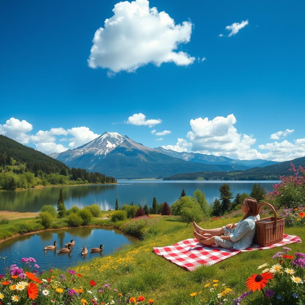 A vibrant, serene landscape featuring a majestic mountain range under a clear blue sky, with a beautiful, tranquil lake reflecting the mountains and the clouds above