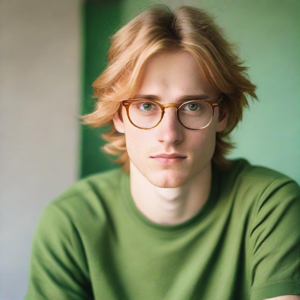 A young man with honey-colored hair and green eyes, wearing glasses. His hair is of medium length.