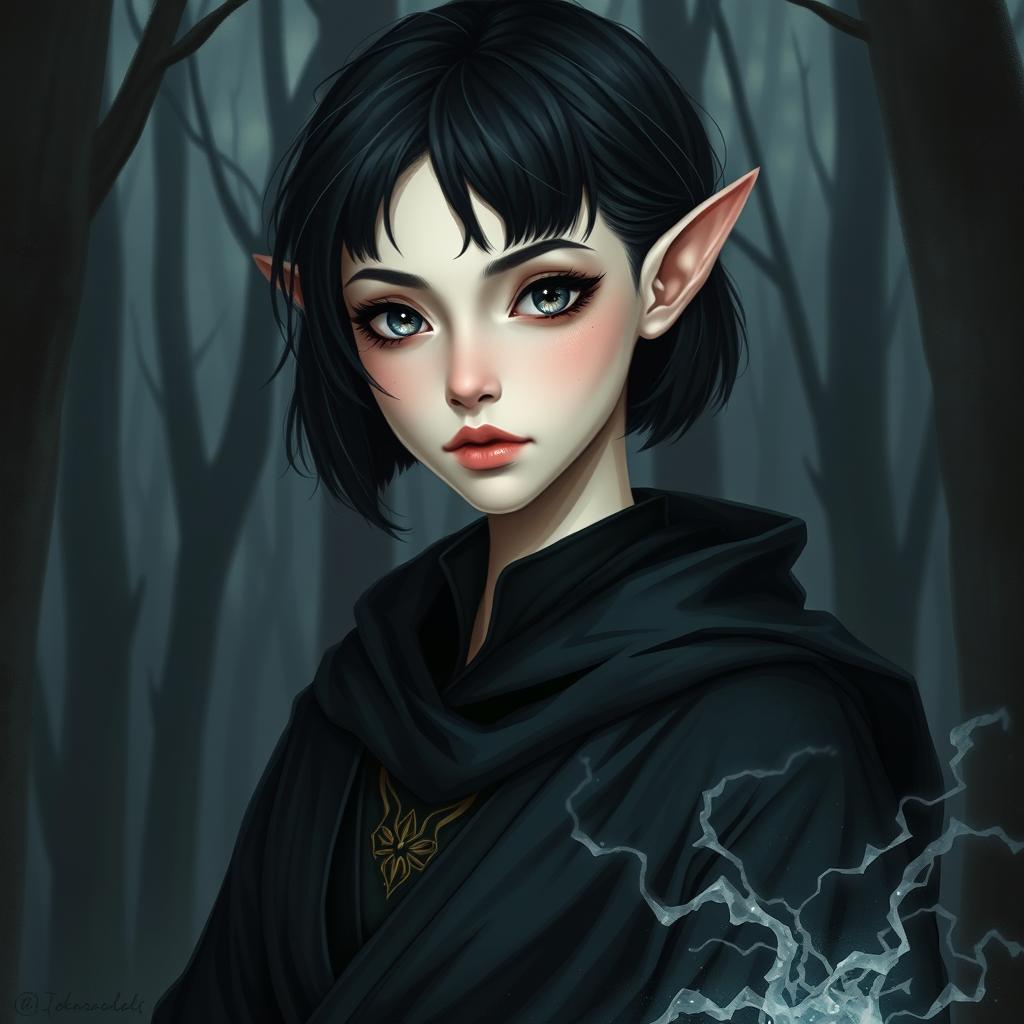 A detailed portrait of a young female elf with striking pale skin that contrasts softly with the dimmed forest backdrop