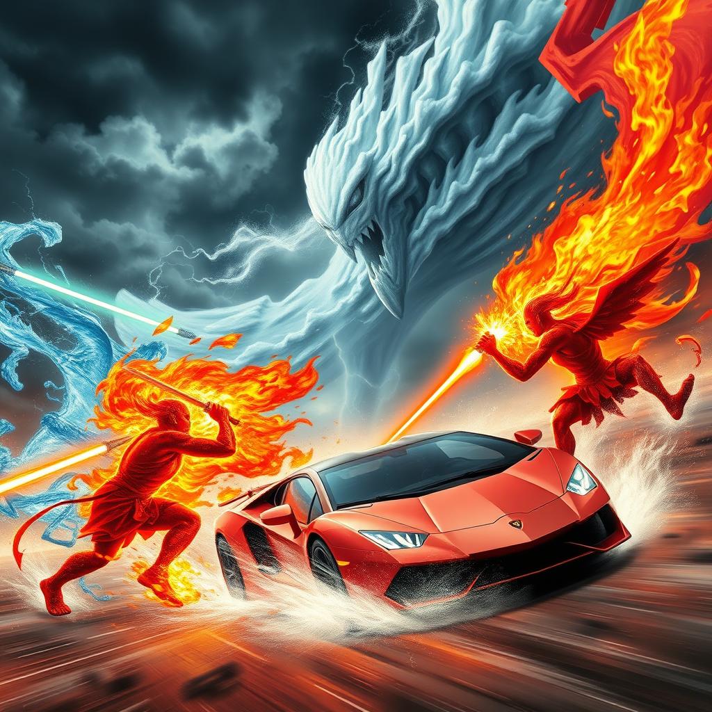 An explosive battle scene featuring a water elemental clashing with a fire elemental, both armed with glowing katana swords and firing laser beams