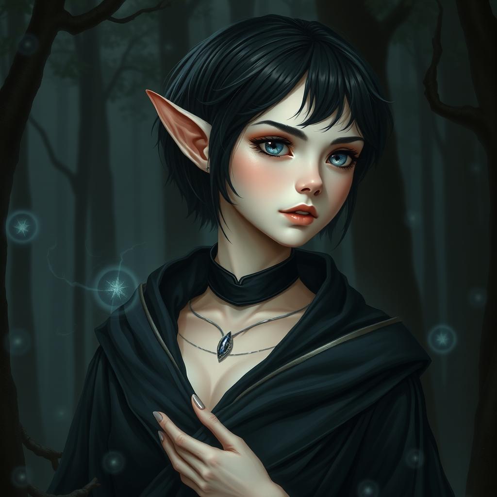 A detailed portrait of a young female elf with luminous pale skin that contrasts beautifully with her surroundings in a dimmed forest